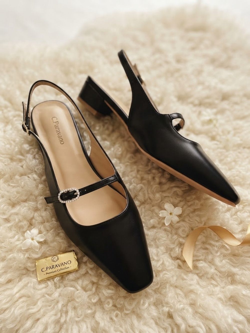 C. Paravano Black Leather Slingback Mules with Buckle Strap